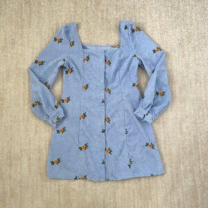 Cider Blue Floral Square Neck Corduroy Long Sleeve Mini Dress L